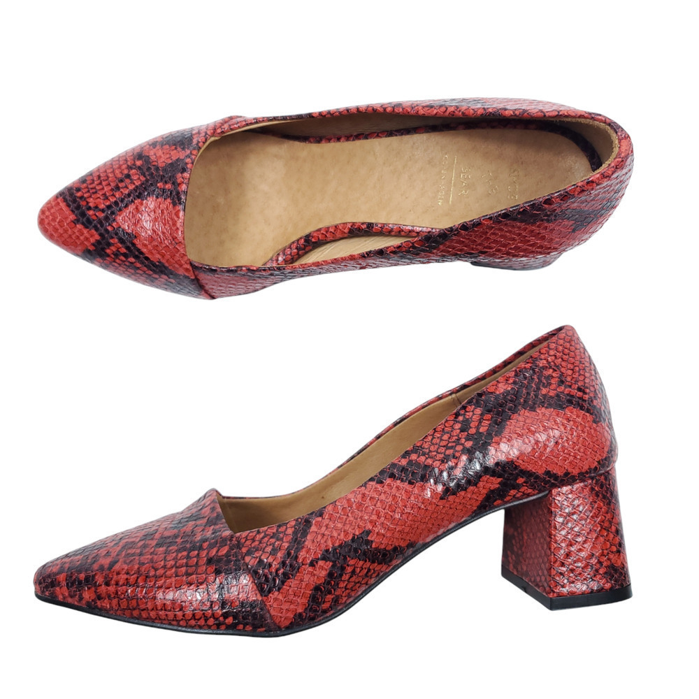 Shoe The Bear Pumps EUR 37 Red Black Leather Snakeskin Animal Print Block Heels